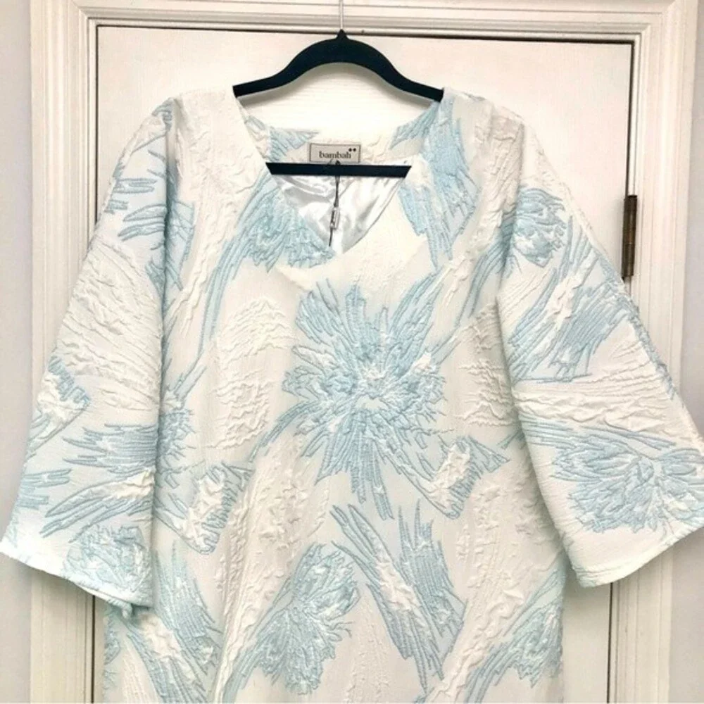 Bambah Antonia Kaftan Dress Maxi Floral Printed White Blue Brocade Textured OS